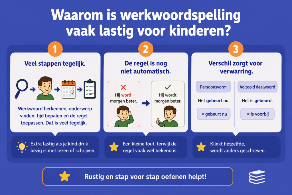 Infographic die uitlegt waarom werkwoordspelling lastig is door regels, onderwerp, tijd en lastige vormen zoals gebeurt en gebeurd.