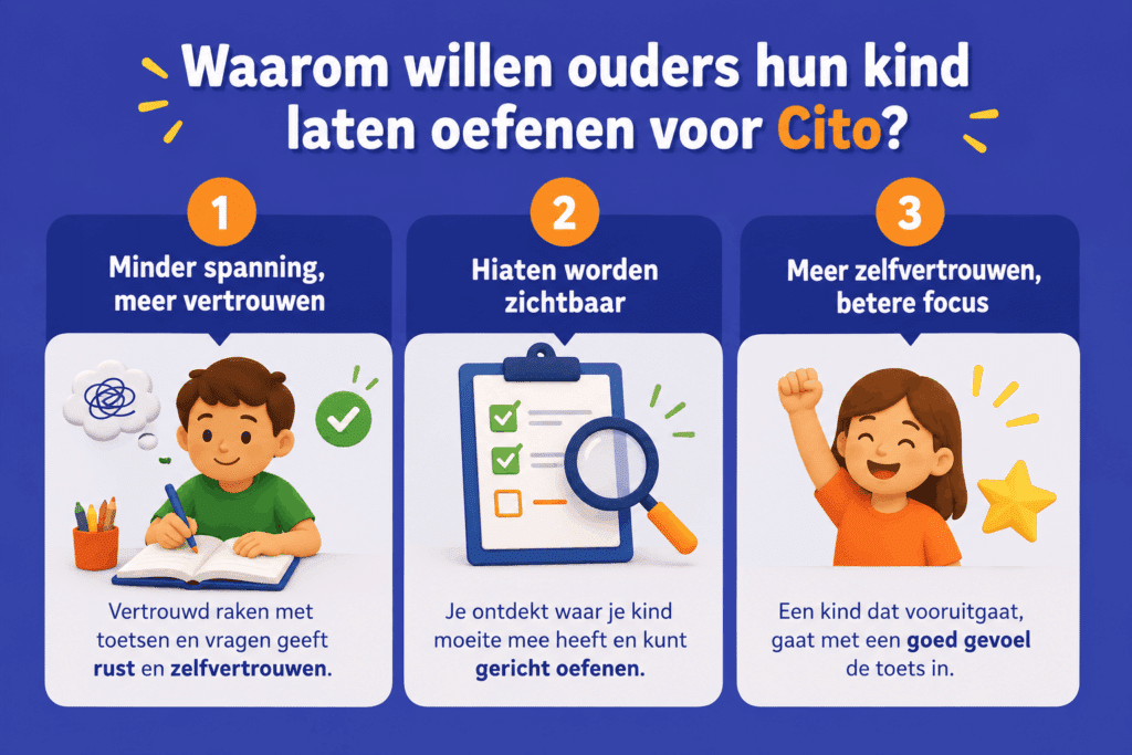 Infographic die laat zien waarom ouders hun kind laten oefenen voor Cito: minder spanning, inzicht in leerpunten en meer zelfvertrouwen.