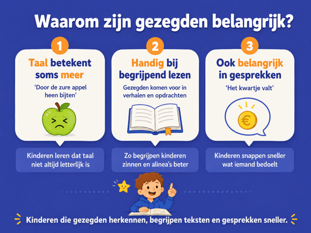 Infographic over waarom gezegden belangrijk zijn voor woordenschat, begrijpend lezen en gesprekken op de basisschool.