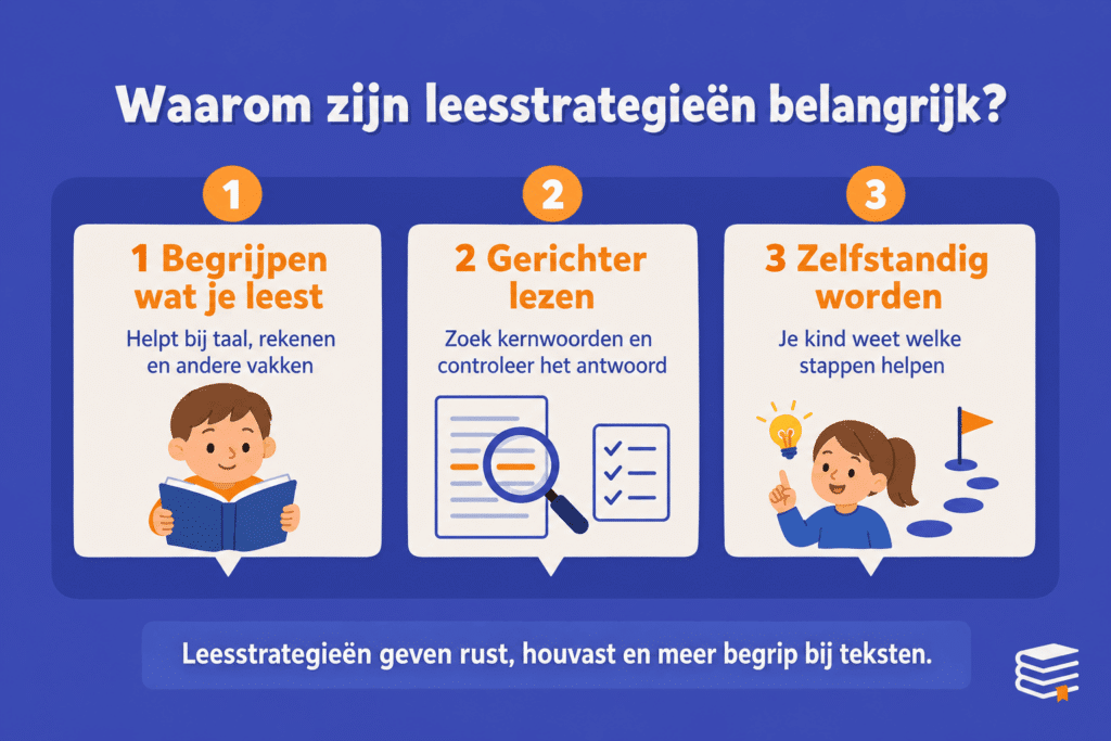 Illustratie over waarom leesstrategieën belangrijk zijn op de basisschool, met eenvoudige uitleg hoe kinderen door leesstrategieën beter teksten begrijpen en zelfstandiger leren lezen.