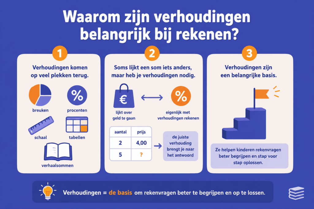 Educatieve infographic over het belang van verhoudingen bij rekenen. De afbeelding laat zien dat verhoudingen terugkomen bij breuken, procenten, schaal, tabellen en verhaalsommen. Daarnaast wordt uitgelegd dat een opgave soms over geld of procenten lijkt te gaan, terwijl rekenen met verhoudingen nodig is om het antwoord te vinden.