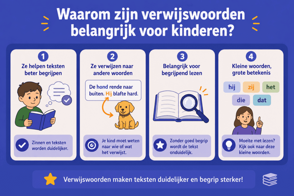 Infographic die laat zien hoe verwijswoorden kinderen helpen bij begrijpend lezen, met voorbeelden zoals hij, zij, die en dat.