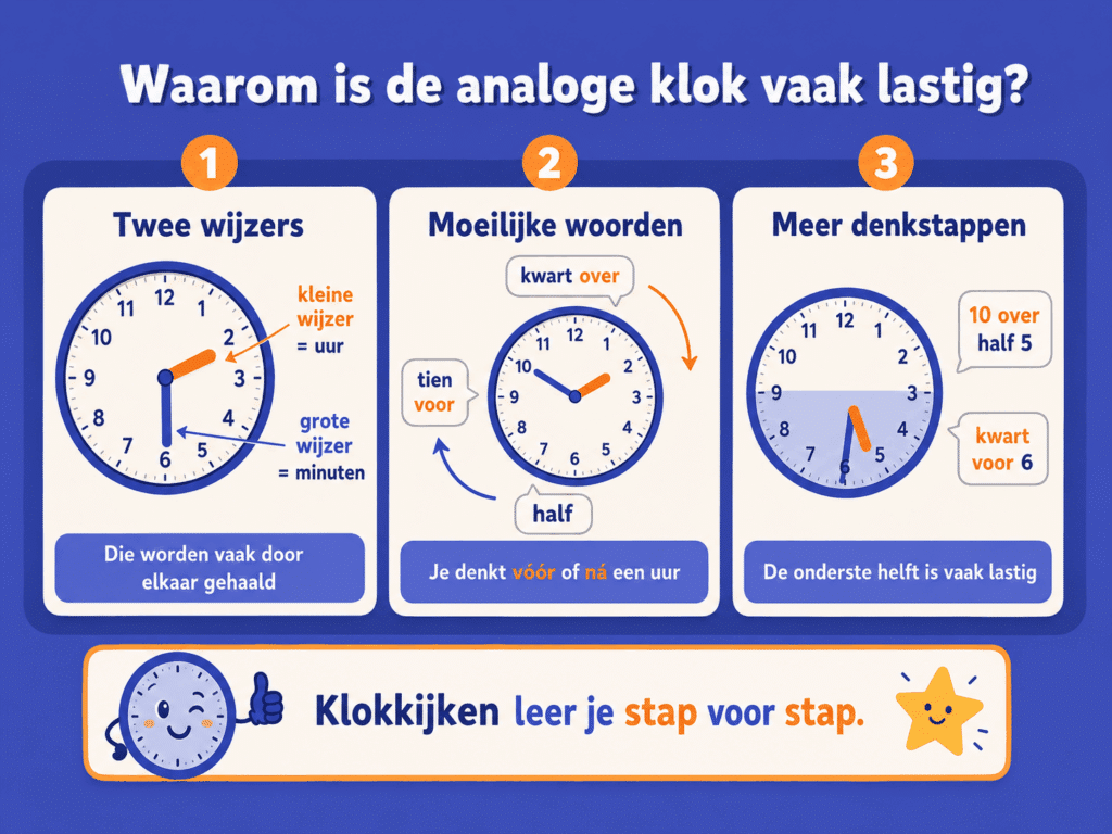 Educatieve infographic over waarom de analoge klok lastig kan zijn voor kinderen. De afbeelding laat zien dat kinderen twee wijzers moeten begrijpen, waarbij de kleine wijzer het uur aangeeft en de grote wijzer de minuten.