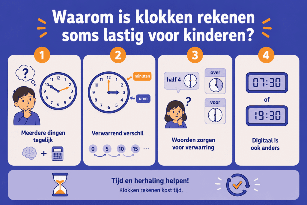 Infographic die laat zien waarom klokken rekenen lastig kan zijn voor kinderen, met aandacht voor analoge en digitale klokken, minuten en uren, en woorden zoals half, voor en over.