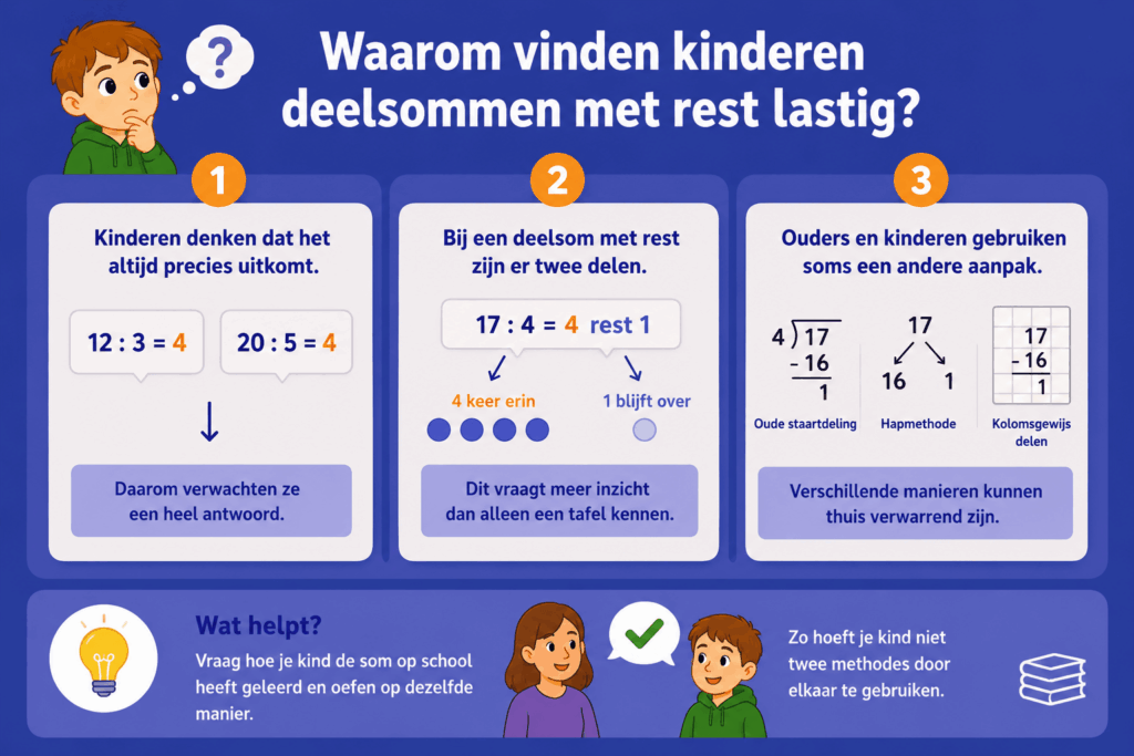 Infographic die uitlegt waarom kinderen deelsommen met rest lastig vinden. De afbeelding laat zien dat kinderen gewend zijn aan deelsommen die precies uitkomen, dat een deelsom met rest uit een antwoord én een rest bestaat, en dat verschillende rekenmethodes zoals staartdeling, hapmethode en kolomsgewijs delen voor verwarring kunnen zorgen.