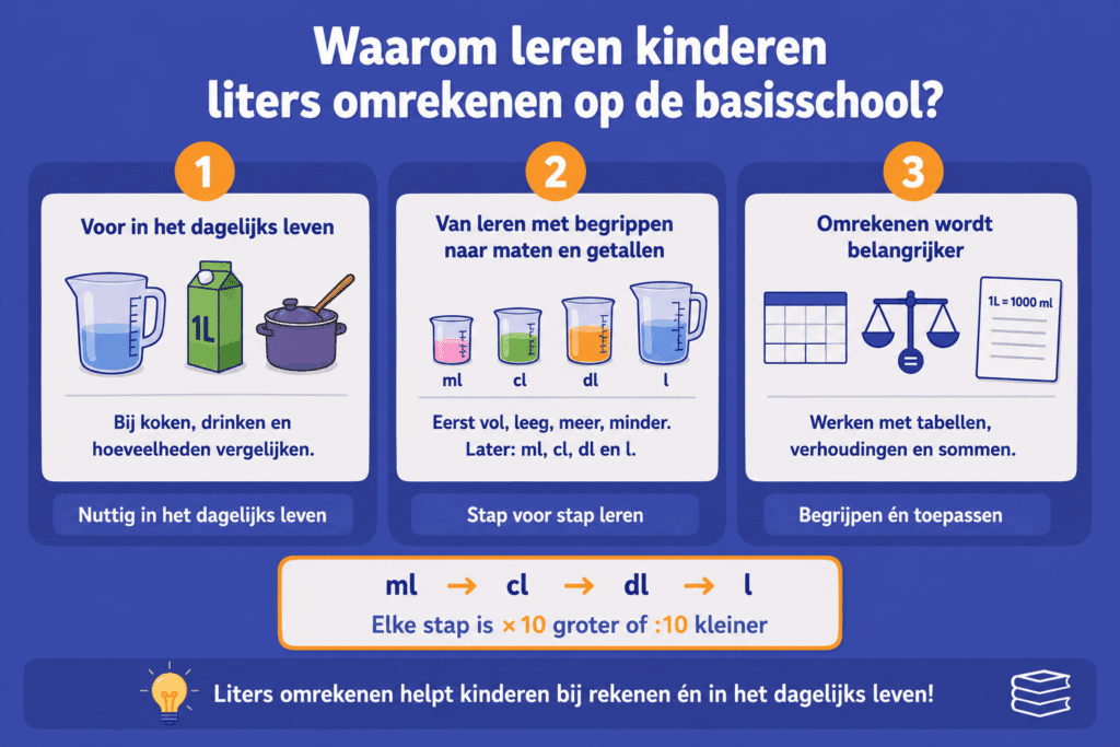 Infographic die uitlegt waarom kinderen liters leren omrekenen op de basisschool. De afbeelding laat zien dat inhoudsmaten worden gebruikt in het dagelijks leven, dat kinderen stap voor stap kennismaken met milliliter, centiliter, deciliter en liter, en dat omrekenen later belangrijk wordt bij rekenen en verhaalsommen.