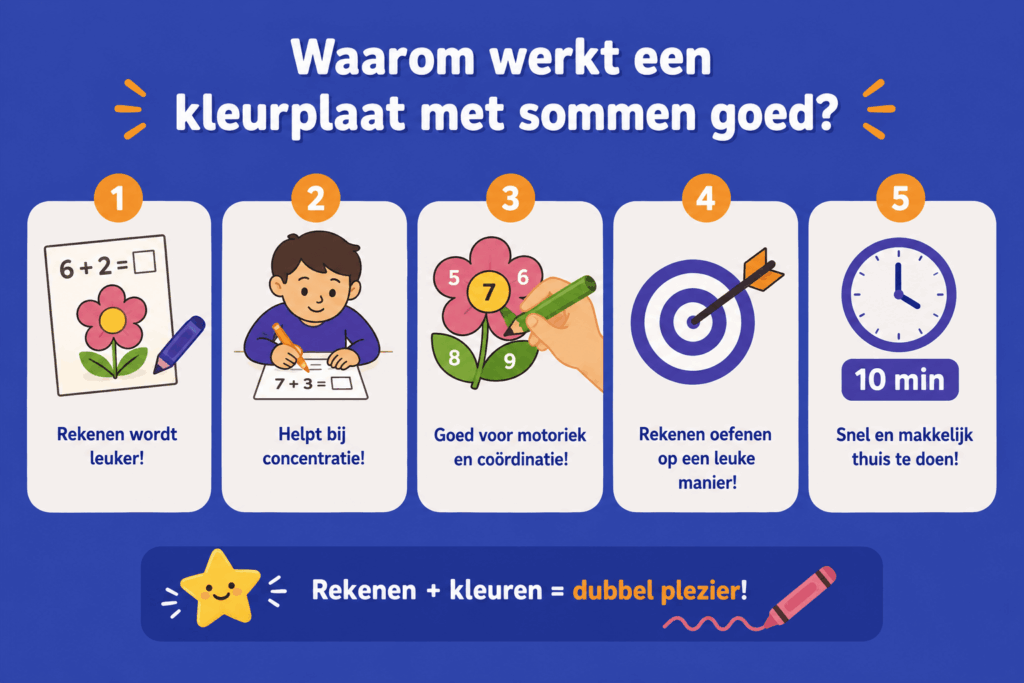 Infographic die laat zien hoe een sommen kleurplaat rekenen leuker maakt en tegelijk helpt bij concentratie, motoriek en nauwkeurig werken.