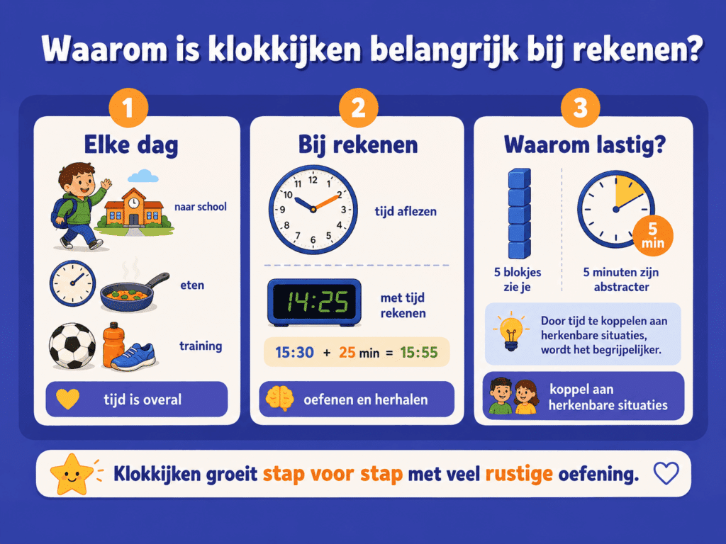 Infographic over waarom klokkijken belangrijk is bij rekenen, met voorbeelden uit het dagelijks leven, tijd aflezen, rekenen met tijd en het verschil tussen zichtbare getallen en abstracte minuten.