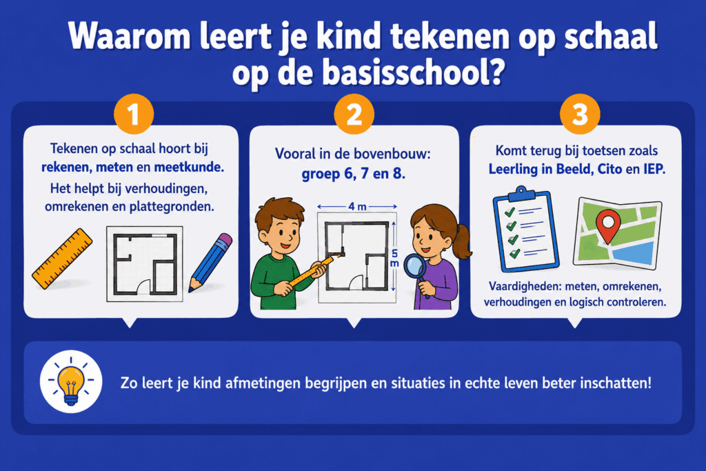 Infographic die uitlegt waarom kinderen op de basisschool leren tekenen op schaal. De afbeelding laat zien dat schaaltekeningen helpen bij rekenen, meten en meetkunde, dat deze vaardigheid vooral belangrijk wordt in groep 6, 7 en 8 en dat kinderen hiermee leren omgaan met plattegronden, kaarten, verhoudingen en afmetingen.