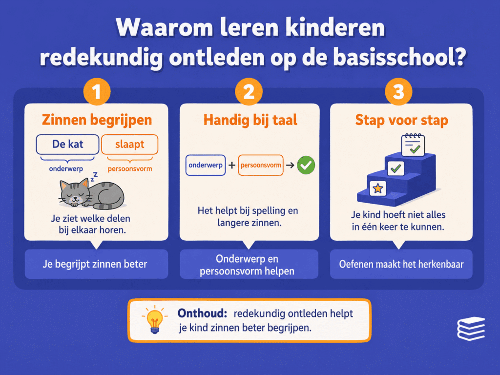 Educatieve illustratie die uitlegt waarom kinderen redekundig ontleden leren, zoals zinnen beter begrijpen, spelling verbeteren en stap voor stap zinsdelen herkennen.