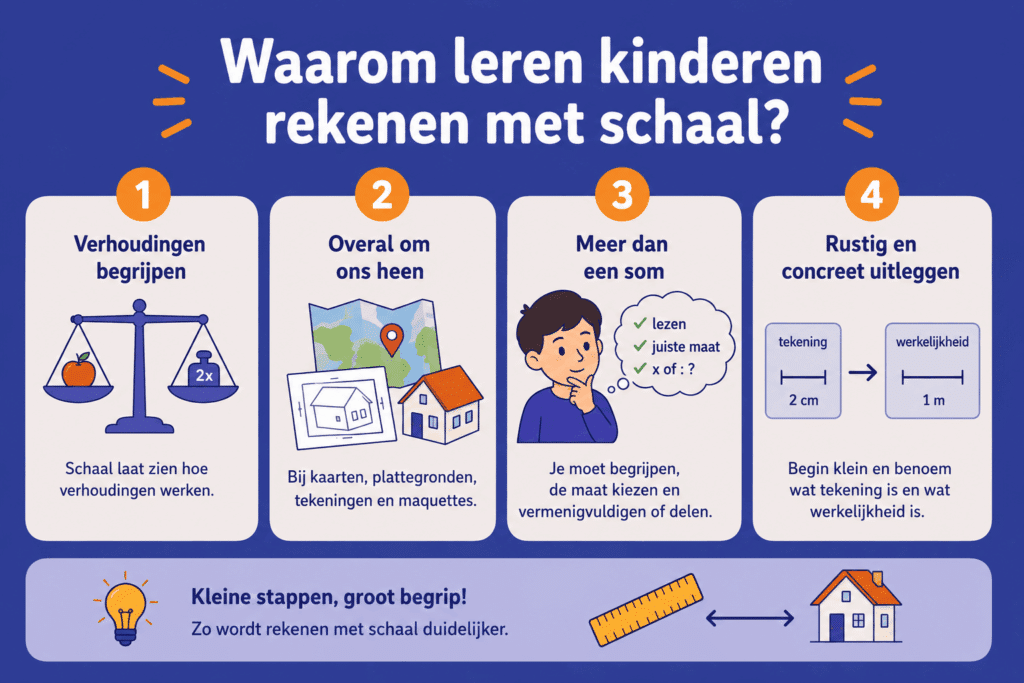 Infographic die uitlegt waarom kinderen leren rekenen met schaal, met voorbeelden van verhoudingen, kaarten, plattegronden en het verschil tussen een tekening en de werkelijkheid.