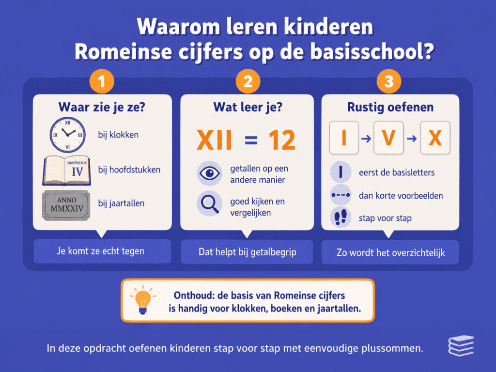 Educatieve illustratie die laat zien waar kinderen Romeinse cijfers tegenkomen, zoals op klokken, in boeken en bij jaartallen, en waarom dit helpt bij getalbegrip.