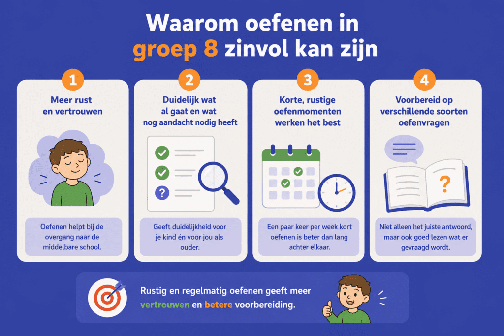 Educatieve infographic die laat zien waarom oefenen in groep 8 belangrijk kan zijn. De afbeelding bestaat uit vier overzichtelijke onderdelen: meer rust en vertrouwen, inzicht in sterke en zwakke punten, korte oefenmomenten die effectief zijn en voorbereiding op verschillende soorten oefenvragen.