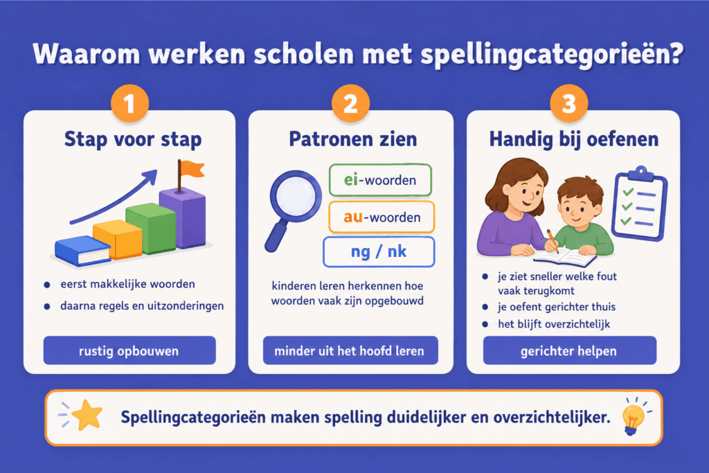 Infographic over waarom scholen met spellingcategorieën werken, zodat kinderen stap voor stap leren, patronen herkennen en gerichter kunnen oefenen.