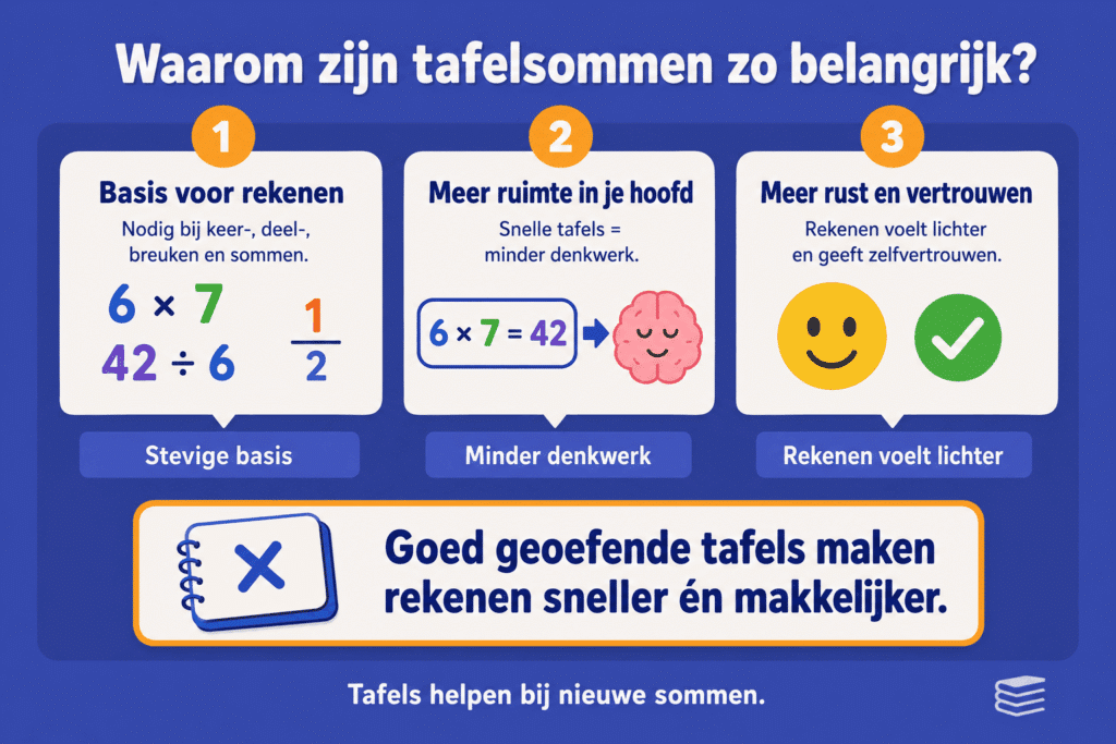 Infographic die uitlegt waarom tafelsommen belangrijk zijn voor rekenen, minder denkwerk en meer vertrouwen.