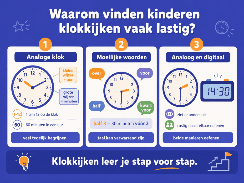 Infographic over waarom kinderen klokkijken vaak lastig vinden, met uitleg over de analoge klok, moeilijke tijdswoorden en het verschil tussen analoog en digitaal klokkijken.