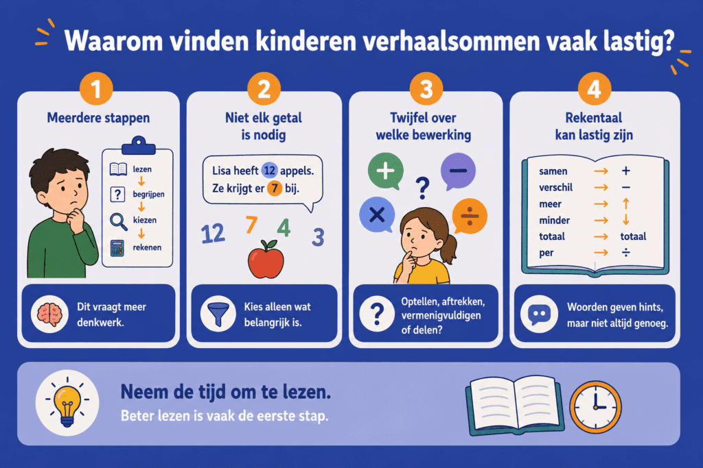 Infographic die uitlegt waarom verhaalsommen lastig kunnen zijn voor kinderen. De afbeelding toont vier veelvoorkomende uitdagingen: meerdere stappen uitvoeren, bepalen welke getallen belangrijk zijn, kiezen van de juiste rekenbewerking en het begrijpen van rekentaal. 