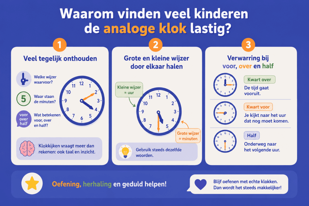 Overzichtelijke educatieve infographic die uitlegt waarom analoog klokkijken moeilijk kan zijn. De afbeelding bestaat uit drie eenvoudige onderdelen: meerdere dingen tegelijk onthouden, de grote en kleine wijzer uit elkaar houden en het begrijpen van begrippen zoals voor, over en half.