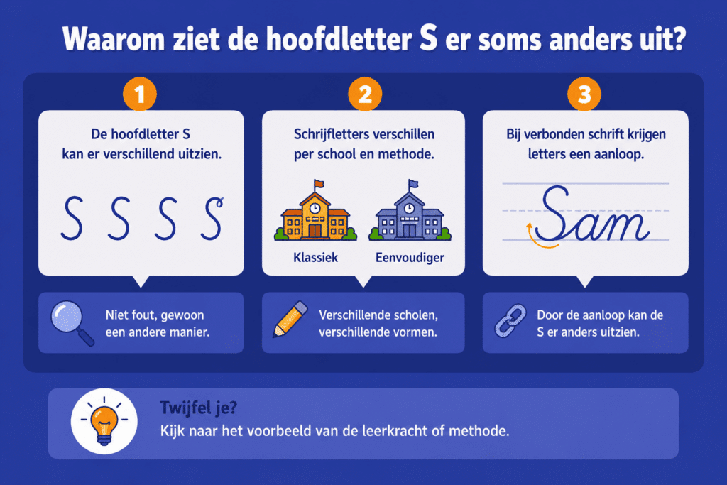 Infographic die uitlegt waarom de hoofdletter S niet overal hetzelfde wordt geschreven. De afbeelding laat zien dat schrijfletters per school en methode kunnen verschillen en dat verbonden schrift een extra aanloop kan geven. Ook wordt benadrukt dat kinderen het voorbeeld van de leerkracht of schrijfmethode moeten volgen.