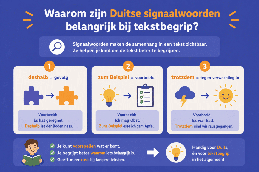 Rustige educatieve infographic over Duitse signaalwoorden en tekstbegrip. De afbeelding laat drie veelgebruikte signaalwoorden zien: deshalb (gevolg), zum Beispiel (voorbeeld) en trotzdem (tegenstelling).