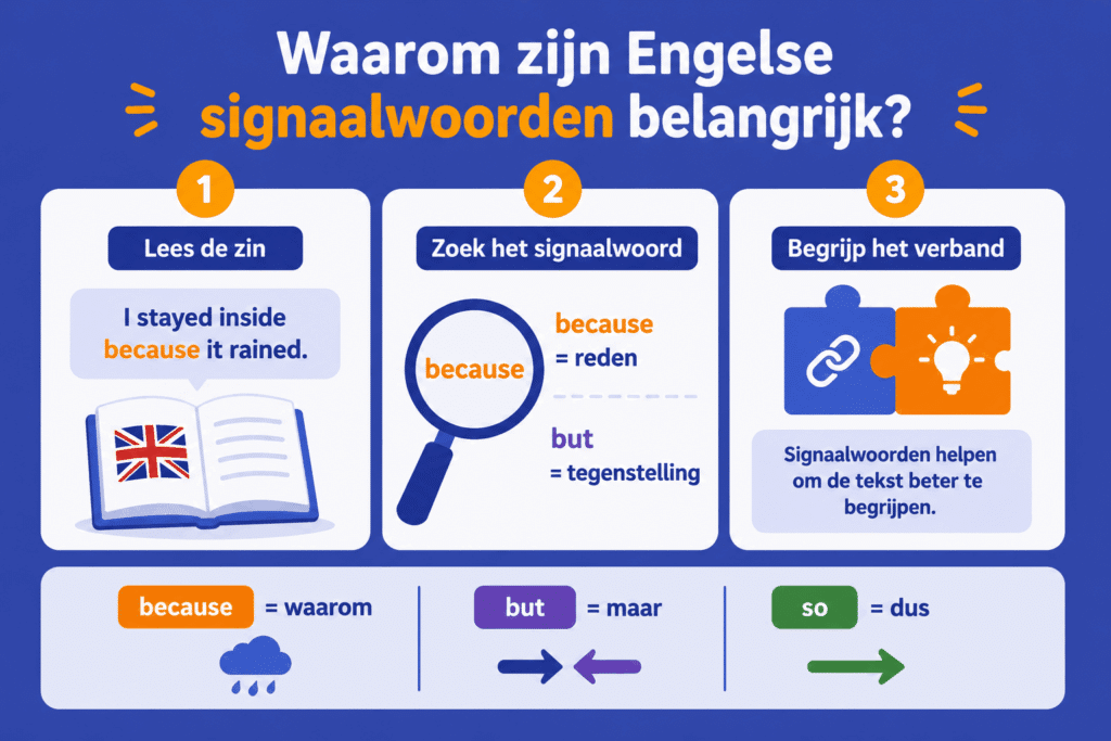 Eenvoudige infographic die laat zien hoe Engelse signaalwoorden zoals because, but en so helpen om verbanden in een tekst beter te begrijpen.