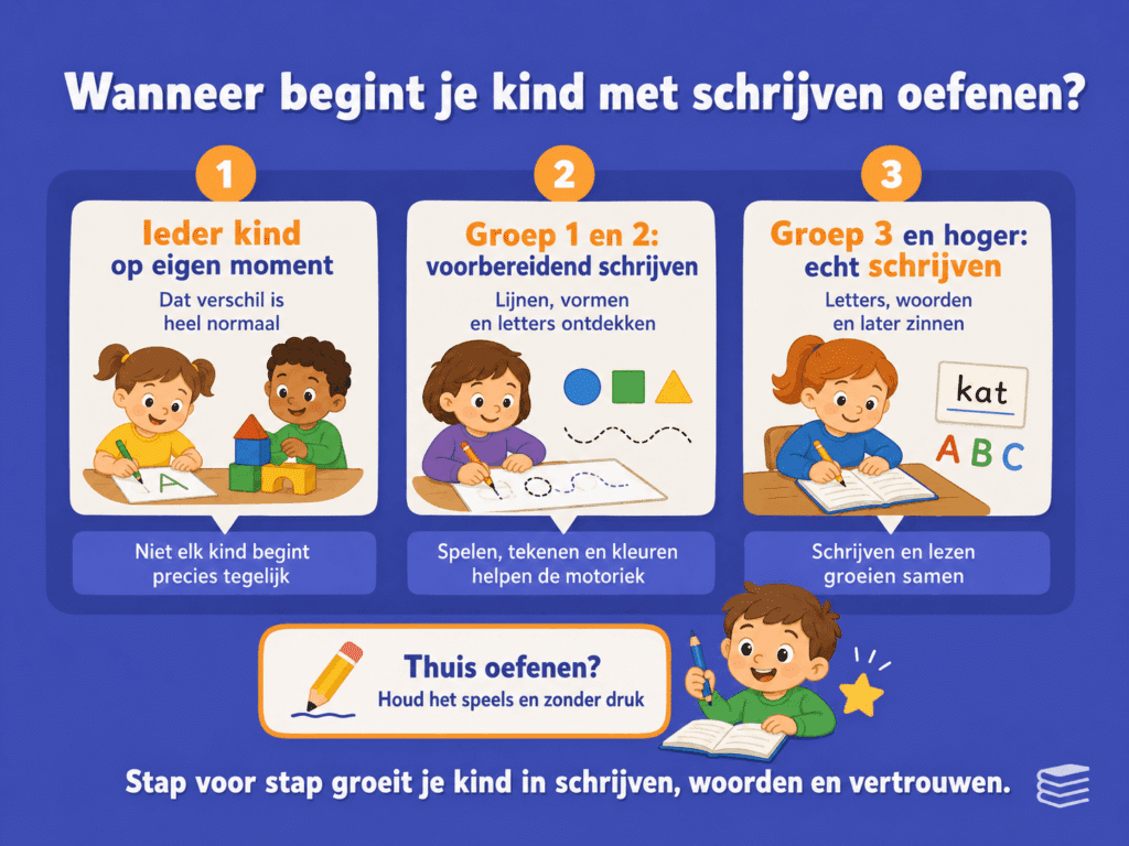 Infographic over wanneer kinderen beginnen met schrijven oefenen in groep 1, 2 en 3.