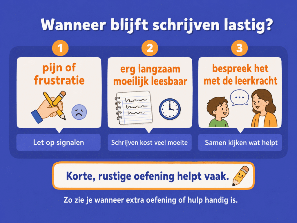 Infographic die uitlegt wanneer schrijven lastig blijft voor kinderen, met signalen zoals pijn of frustratie, langzaam schrijven, moeilijk leesbaar handschrift en het advies om dit met de leerkracht te bespreken.