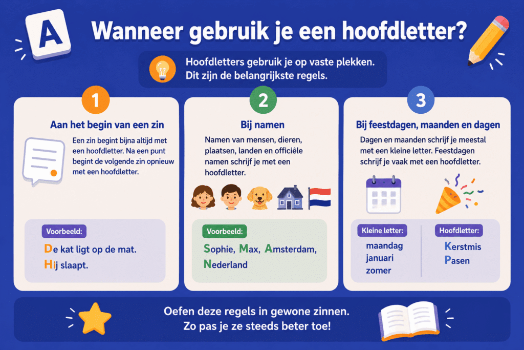 Infographic over het gebruik van hoofdletters in het Nederlands. De afbeelding laat drie belangrijke regels zien: een hoofdletter aan het begin van een zin, een hoofdletter bij namen van personen, dieren, plaatsen en landen, en het verschil tussen dagen en maanden met een kleine letter en feestdagen met een hoofdletter.