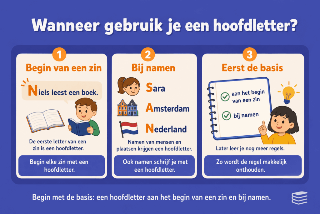 Infographic die uitlegt wanneer je een hoofdletter gebruikt, met voorbeelden van een hoofdletter aan het begin van een zin en bij namen zoals Sara, Amsterdam en Nederland.