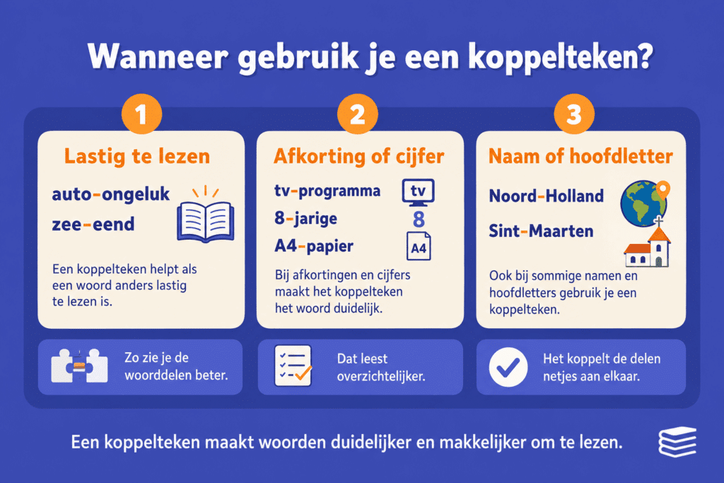 Infographic die uitlegt wanneer je een koppelteken gebruikt, met voorbeelden van woorden die lastig te lezen zijn, samenstellingen met afkortingen of cijfers en namen met hoofdletters zoals Noord-Holland en Sint-Maarten.