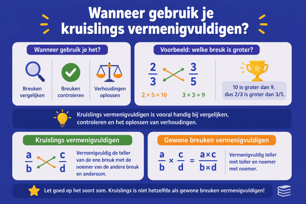 Infographic die laat zien wanneer je kruislings vermenigvuldigen gebruikt, bijvoorbeeld bij het vergelijken van breuken en verhoudingen.