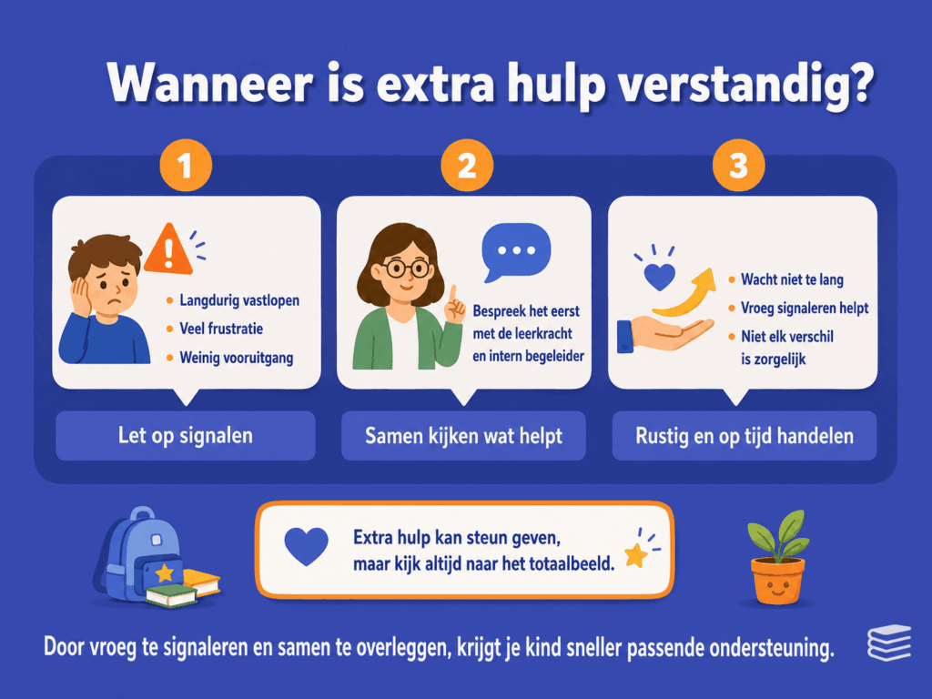 Infographic die uitlegt wanneer extra hulp voor een kind verstandig kan zijn, met signalen zoals langdurig vastlopen, veel frustratie en weinig vooruitgang, en het advies om dit met de leerkracht of intern begeleider te bespreken.