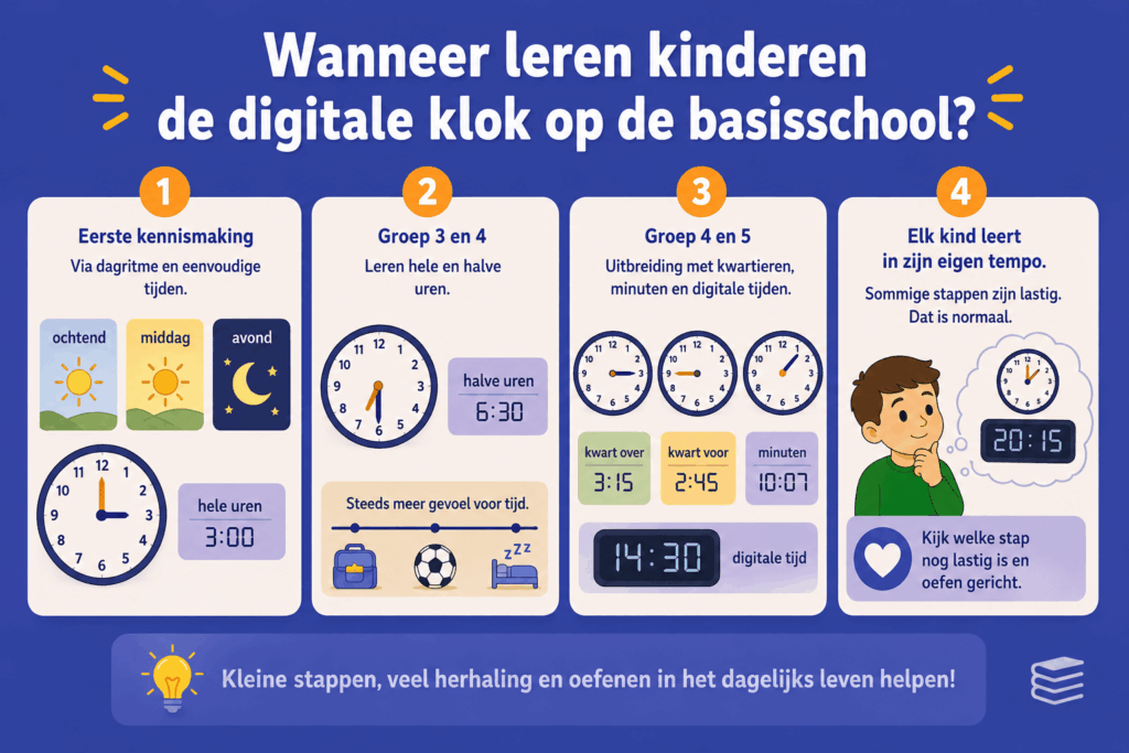 Infographic die laat zien hoe kinderen stap voor stap leren klokkijken, van dagritme en hele uren tot digitale tijden.