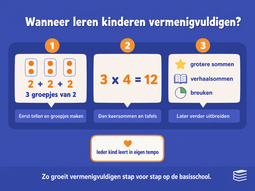 Illustratie over wanneer kinderen leren vermenigvuldigen op de basisschool met uitleg over opbouw van groepjes maken naar keersommen en tafels.