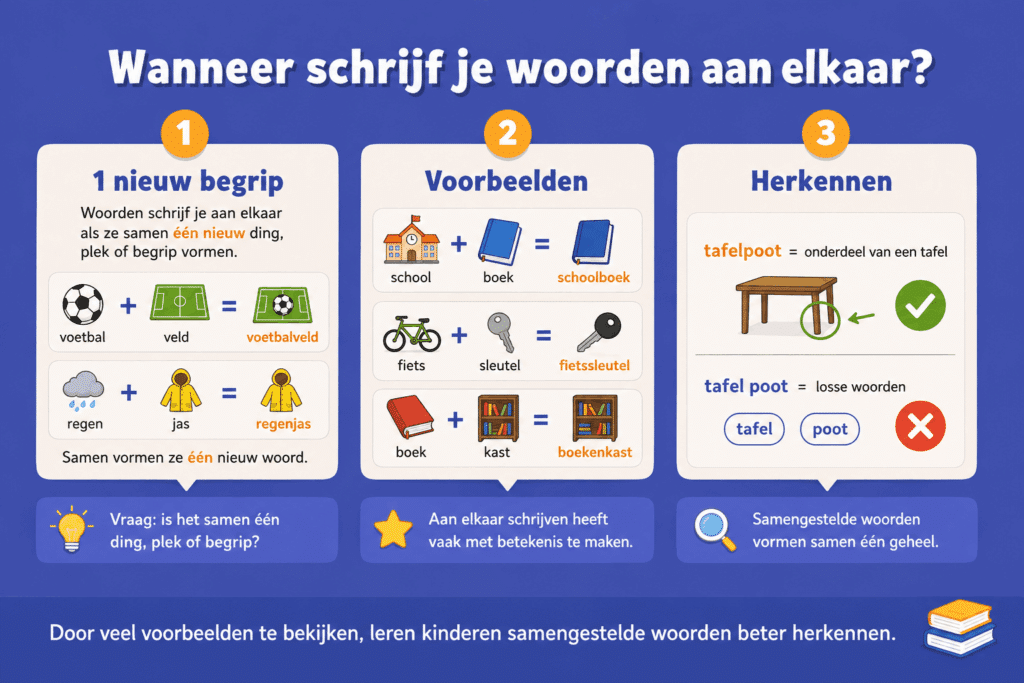 Infographic die uitlegt wanneer je woorden aan elkaar schrijft, met voorbeelden van samengestelde woorden zoals voetbalveld, regenjas, schoolboek en fietssleutel.