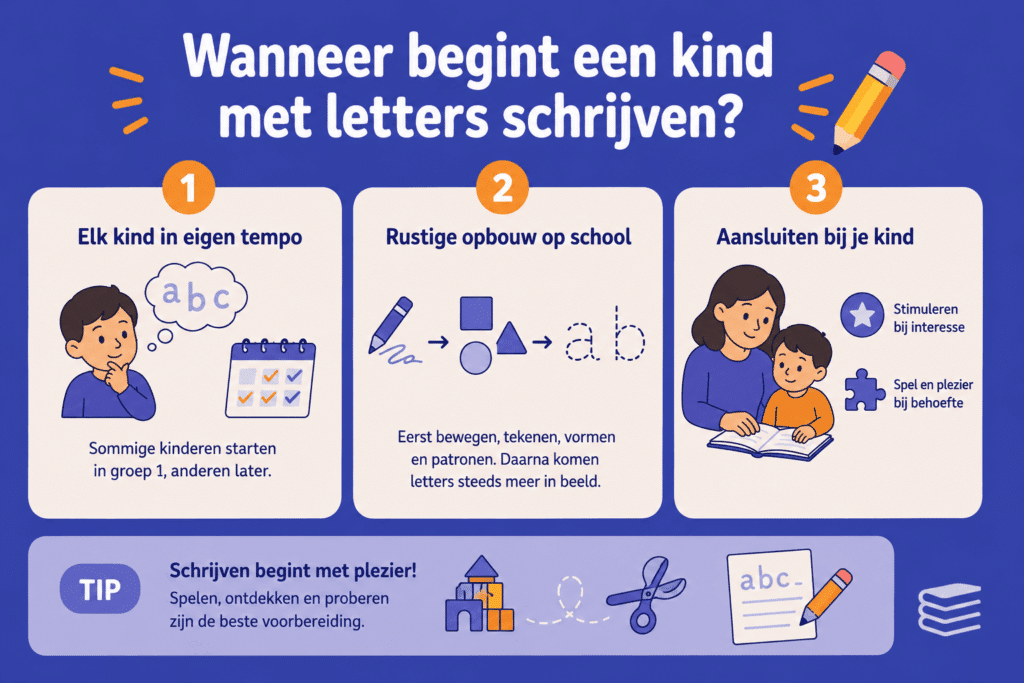 Speelse infographic die laat zien hoe kinderen stap voor stap beginnen met letters schrijven, van spelenderwijs ontdekken en vormen oefenen tot het herkennen en schrijven van letters.