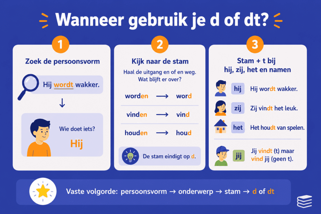 Overzichtelijke infographic die in drie eenvoudige stappen uitlegt wanneer je d of dt gebruikt: zoek de persoonsvorm, bepaal de stam en voeg bij hij, zij of het meestal een t toe.