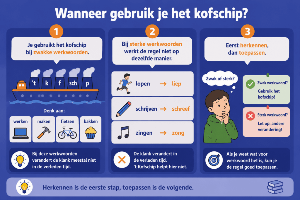 Infographic die stap voor stap uitlegt wanneer je de kofschipregel gebruikt. De afbeelding vergelijkt zwakke werkwoorden, zoals werken, maken, fietsen en bakken, met sterke werkwoorden zoals lopen, schrijven en zingen.
