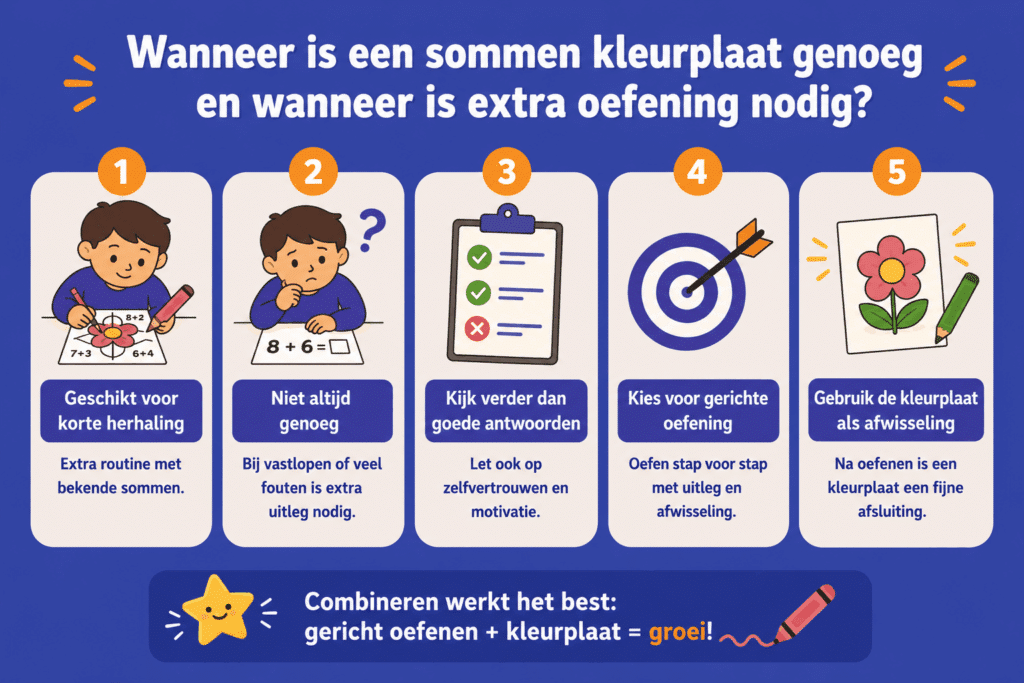 Infographic die laat zien wanneer een sommen kleurplaat geschikt is voor herhaling en wanneer extra rekenoefening met uitleg nodig is.