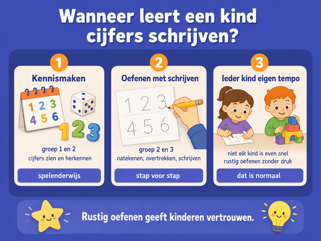 Infographic over wanneer kinderen cijfers leren schrijven, van spelenderwijs herkennen in groep 1 en 2 tot stap voor stap oefenen in groep 2 en 3.
