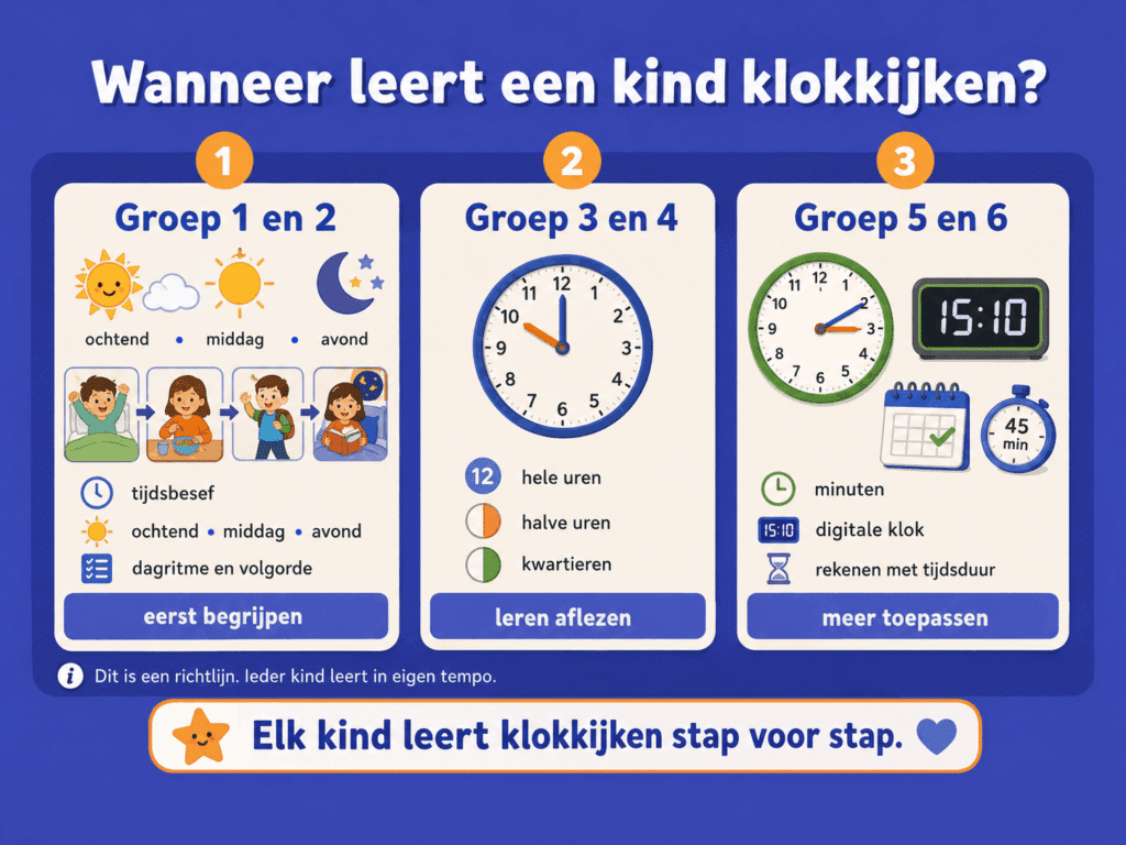 Infographic over wanneer kinderen klokkijken leren, van tijdsbesef in groep 1 en 2 tot hele uren, halve uren, kwartieren, digitale klok en tijdsduur in hogere groepen.
