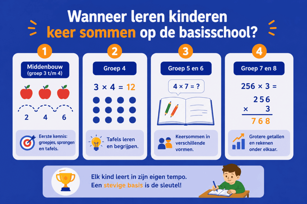 Infographic die laat zien hoe kinderen stap voor stap leren vermenigvuldigen, van groepjes maken en tafels oefenen tot grotere keersommen in hogere groepen.