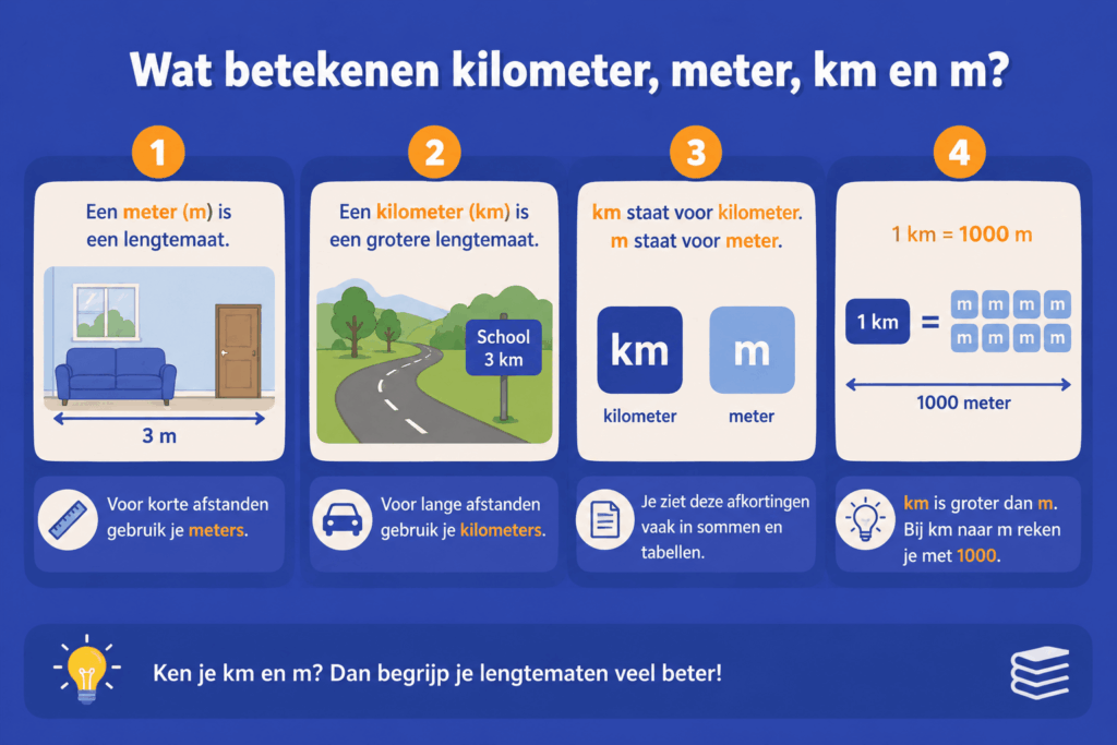 Educatieve illustratie die uitlegt wat meters en kilometers zijn, wat de afkortingen m en km betekenen en dat 1 kilometer gelijk is aan 1000 meter.