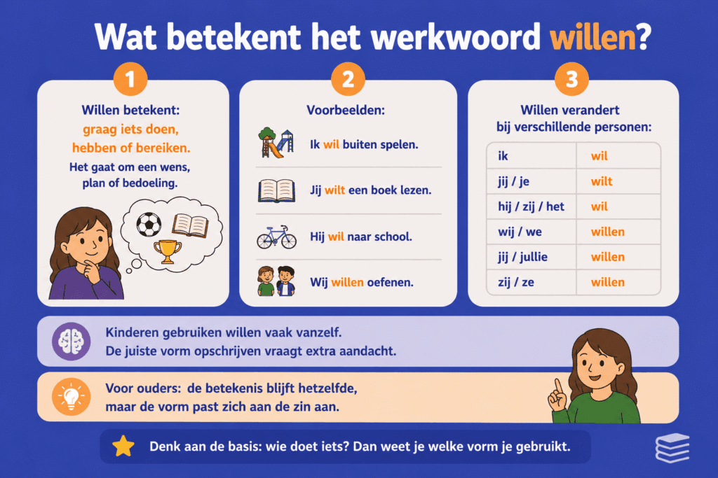 Infographic die uitlegt wat het werkwoord willen betekent en hoe de vorm verandert per persoon.