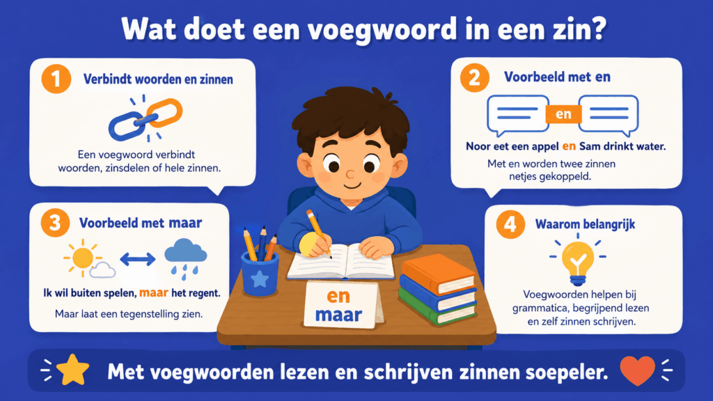 Infographic over voegwoorden met uitleg en voorbeelden van en en maar in een zin.