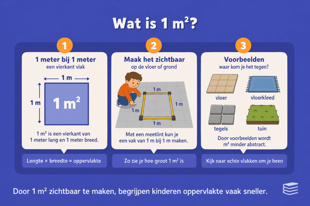 Infographic die uitlegt wat 1 m² is, met een vierkant van 1 meter bij 1 meter en herkenbare voorbeelden zoals vloer, vloerkleed, tegels en tuin.