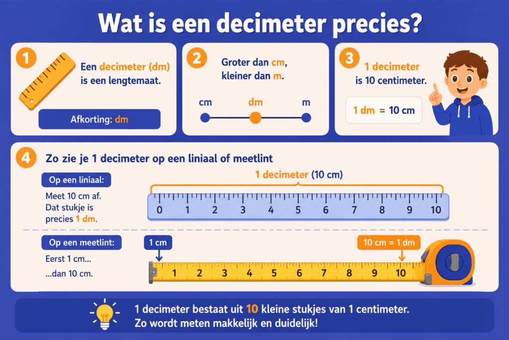 Infographic die uitlegt wat een decimeter is en laat zien dat 1 decimeter gelijk is aan 10 centimeter.