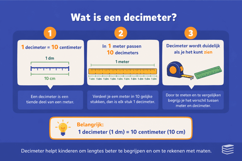 Infographic die uitlegt dat 1 decimeter gelijk is aan 10 centimeter en hoe dit zichtbaar wordt met een liniaal of meetlint.