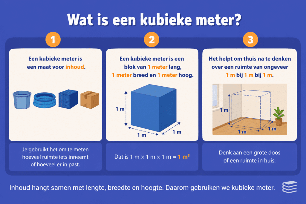 Educatieve infographic die uitlegt wat een kubieke meter is. De afbeelding laat zien dat een kubieke meter een maat voor inhoud is en wordt voorgesteld als een blok van 1 meter lang, 1 meter breed en 1 meter hoog.