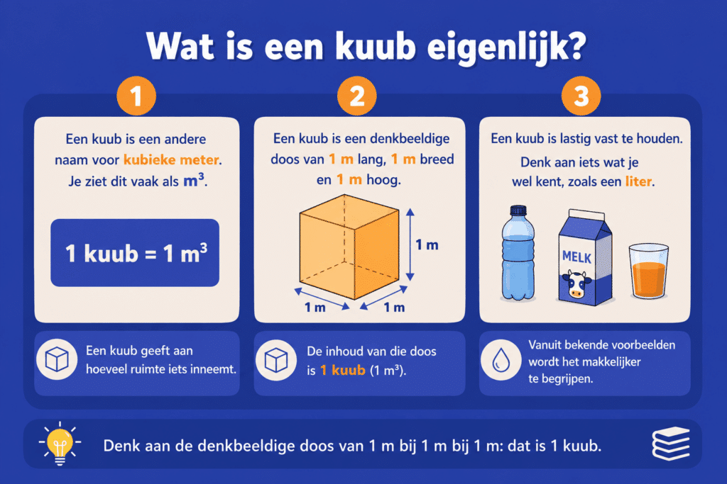 Educatieve illustratie die uitlegt wat een kuub (1 m³) is, met een kubus van 1 meter bij 1 meter bij 1 meter en een vergelijking met bekende voorbeelden zoals een fles en een pak melk.